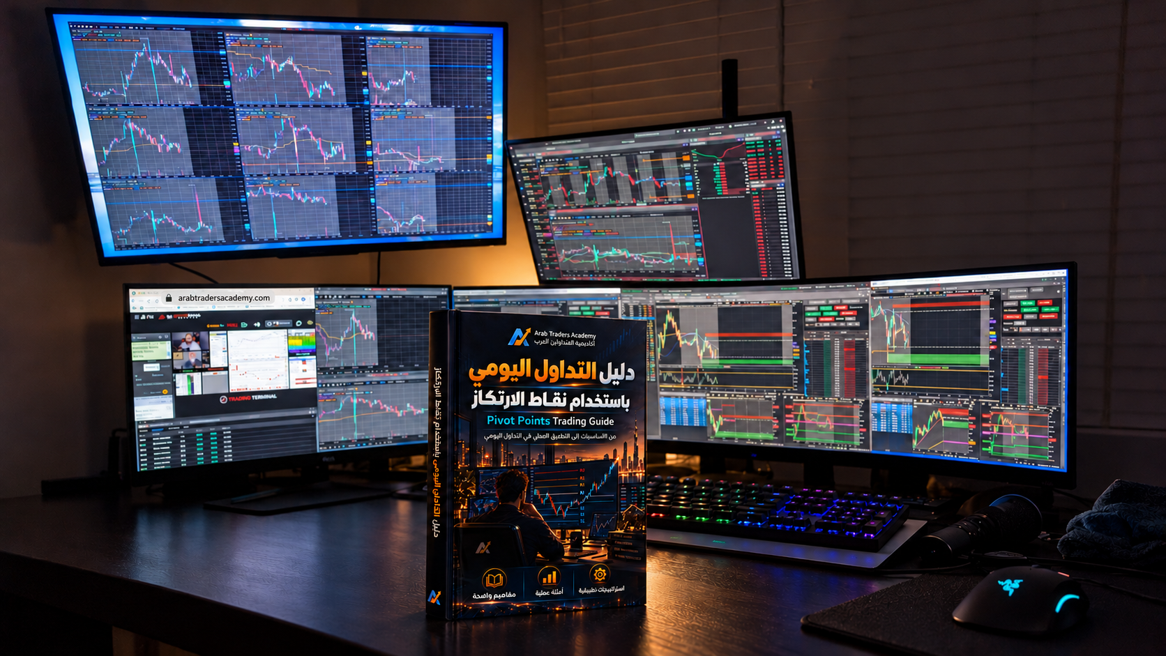 مكتب تداول متعدد الشاشات مع كتاب أكاديمية المتداولين العرب